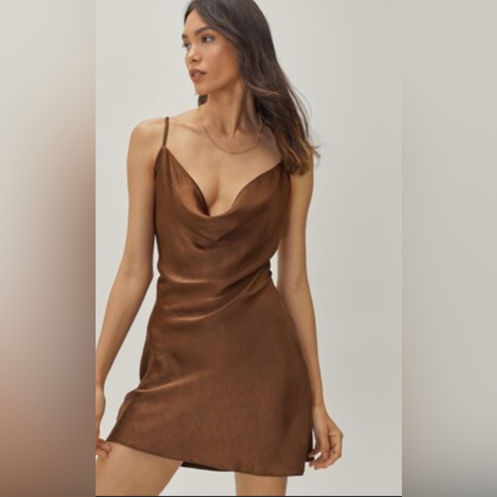 NWT Nasty Gal Sexy cowl neck Slip dress with side slit and ruching. Size 12 US.